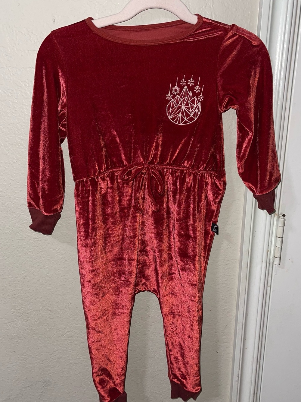 Velvet Kids One-Piece Footie in Wine Red with Snowflake Detail